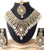 V shape Clear white cz kundan gold plated bridal necklace earrings set for Women