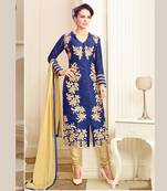 Dark Blue embroidered cotton semi stitched salwar with dupatta