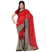 Red and Black printed chiffon saree