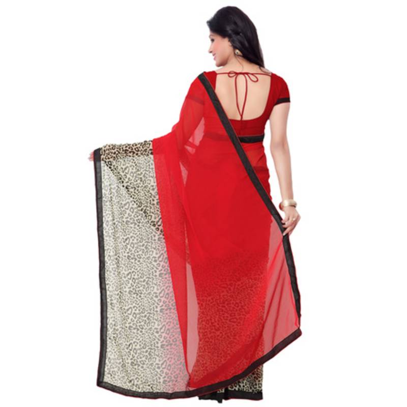 Red and Black printed chiffon saree