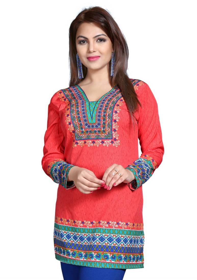 Red american crepe printed kurti