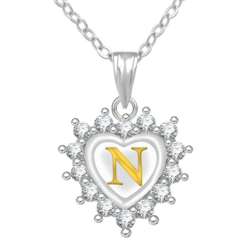 Jewelscart Silver Plated AD Alphabet Letter N Valentine Heart Pendant With Chain