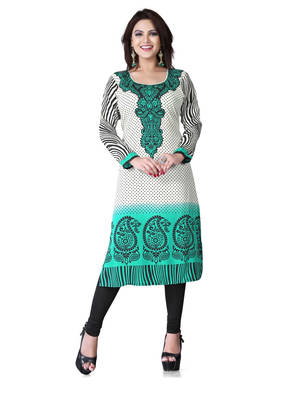 Green and white american crepe printed kurti 1
