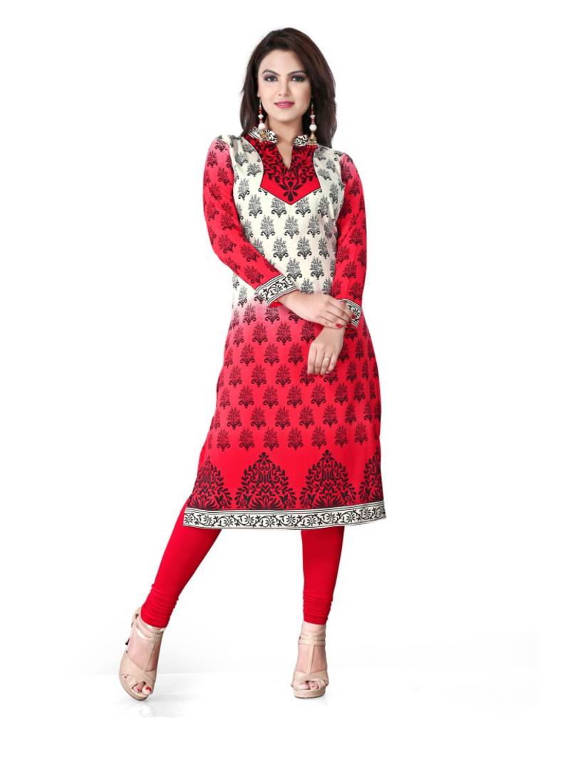 Red and white american crepe printed kurti