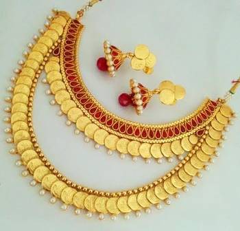 JFL - Traditional Ethnic Temple Laxmi Goddess Coin One Gram Gold Plated Designer Necklace Set 1