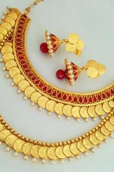 JFL - Traditional Ethnic Temple Laxmi Goddess Coin One Gram Gold Plated Designer Necklace Set