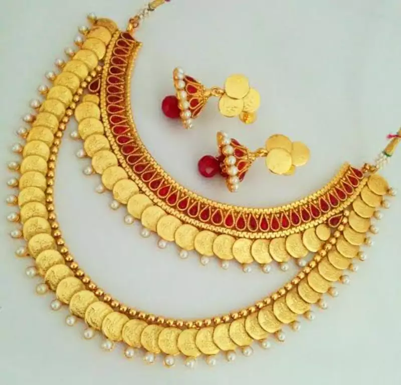 JFL - Traditional Ethnic Temple Laxmi Goddess Coin One Gram Gold Plated Designer Necklace Set