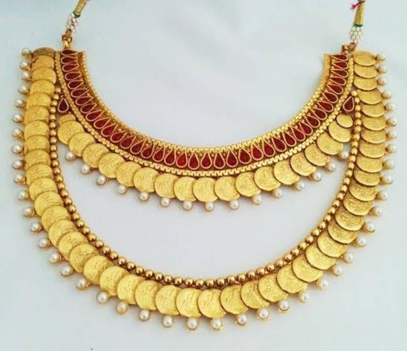 JFL - Traditional Ethnic Temple Laxmi Goddess Coin One Gram Gold Plated Designer Necklace Set
