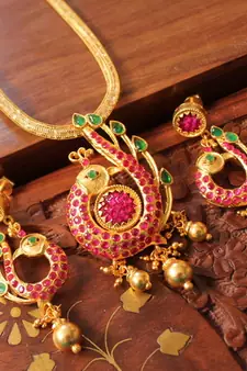 Lovely 1gm Goldplated Ruby Emerald Peacock Necklace Set 