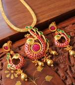 Lovely 1gm Goldplated Ruby Emerald Peacock Necklace Set 