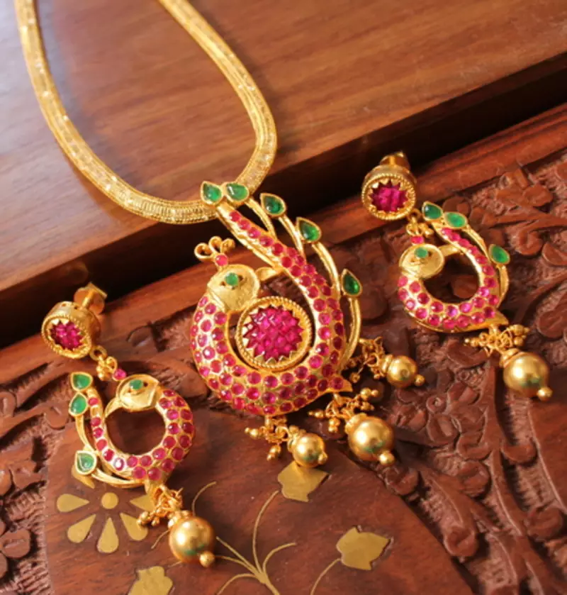 Lovely 1gm Goldplated Ruby Emerald Peacock Necklace Set 