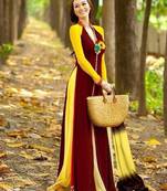 Maroon and Yellow georgette plain semi stitiched party wear gown with dupatta