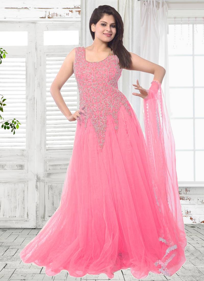 light pink net embroidered semi stitiched party wear gown with
