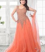 light orange net embroidered semi stitiched party wear gown with dupatta
