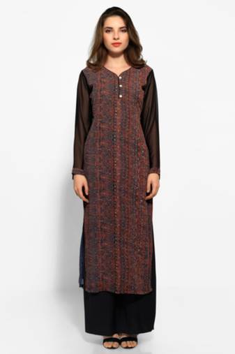 Brown and Black Georgette Embroidered Long Kurta