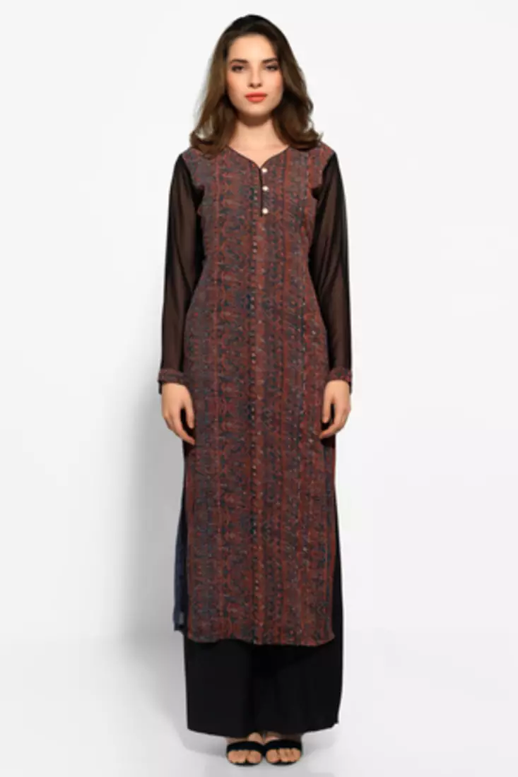 Brown and Black Georgette Embroidered Long Kurta
