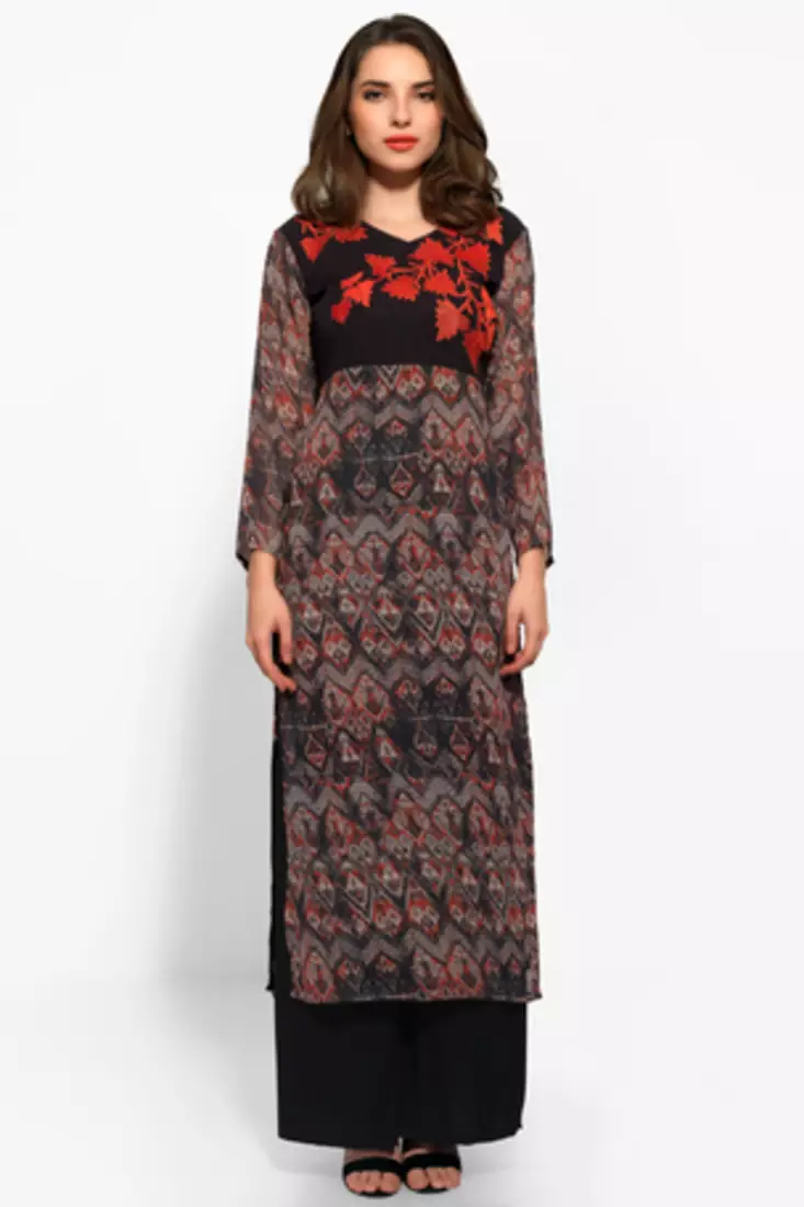Brown and Black Georgette Embroidered Long Kurta