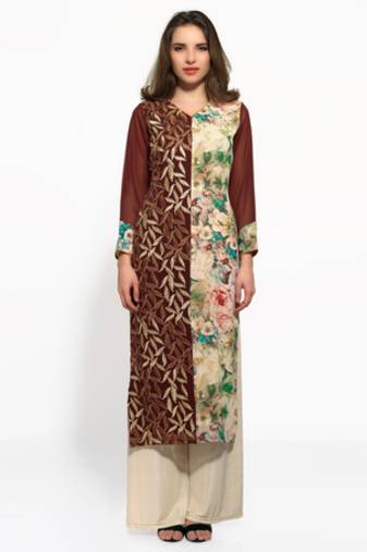 Brown and beige georgette embroidered kurti