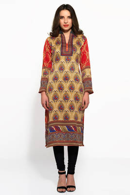 Beige and red pashmina long kurti 1