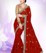 Red  embroidered georgette saree with blouse