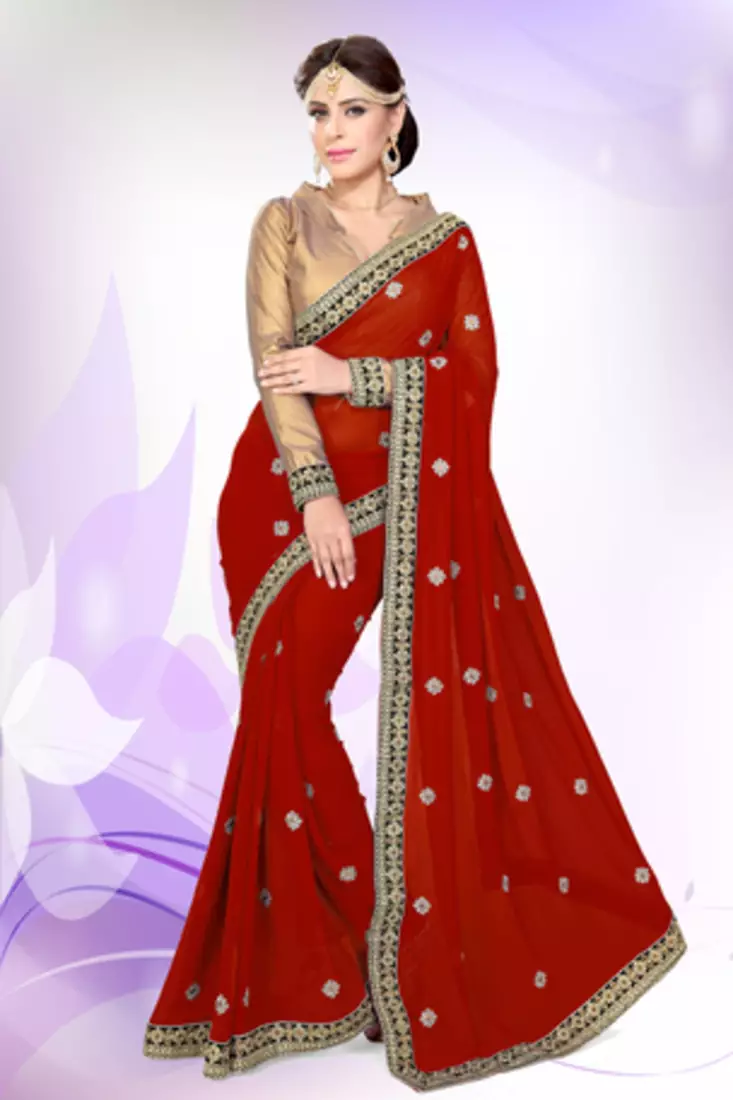 Red  embroidered georgette saree with blouse