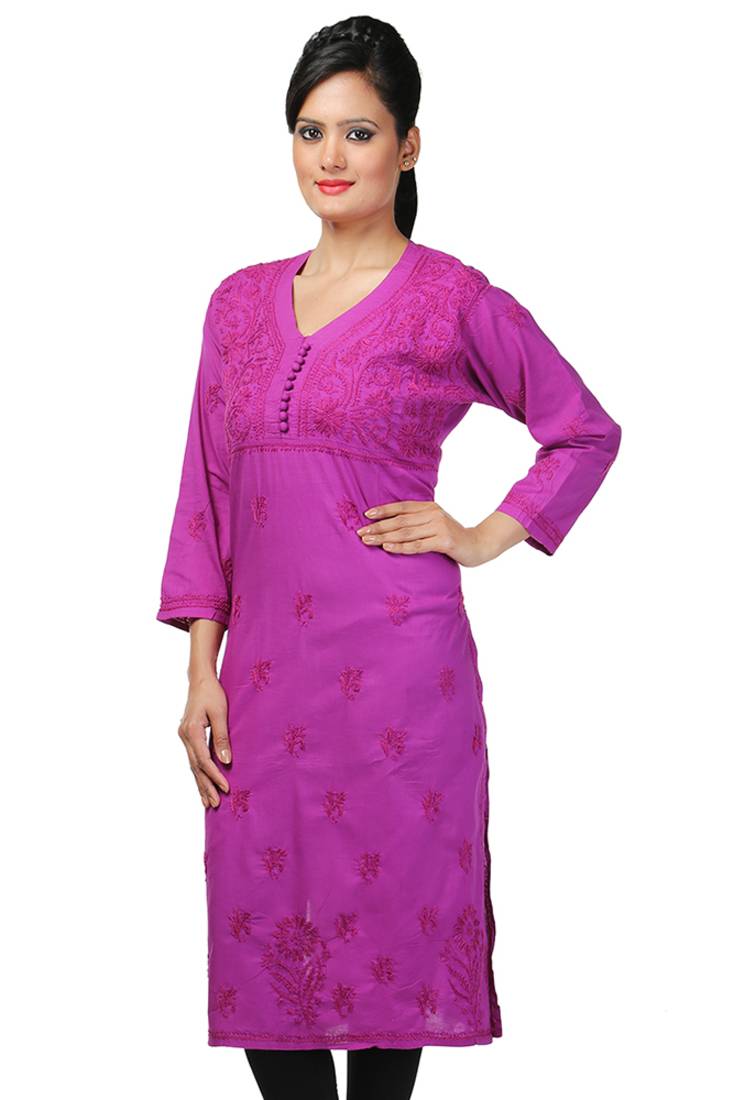 Ada Handcrafted Large Purple Cotton Lakhnavi Chikankari Long Kurti