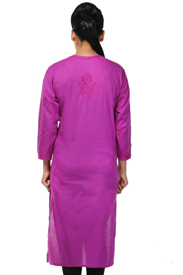 Ada Handcrafted Large Purple Cotton Lakhnavi Chikankari Long Kurti