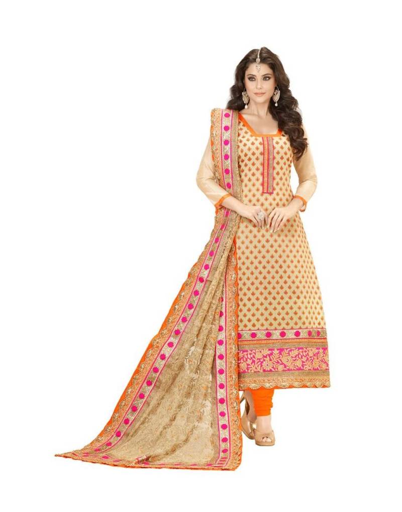 Beige embroidered Jacquard unstitched salwar with dupatta