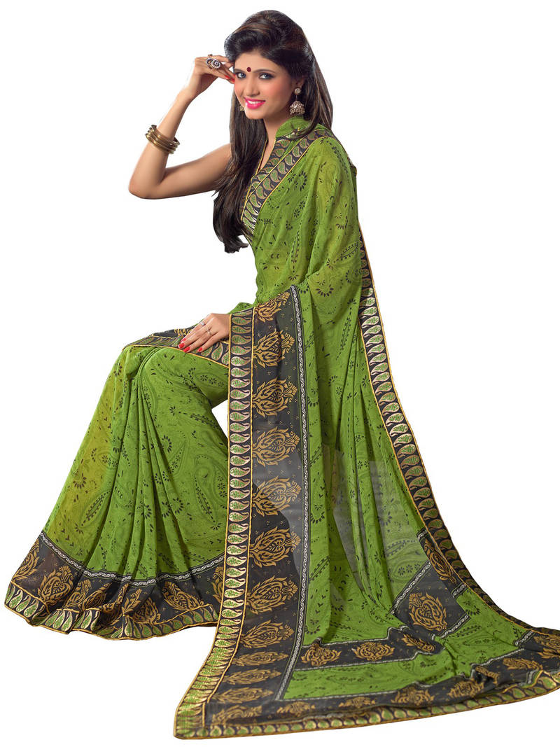 Green Georgette Printed Sari With Blouse Piece