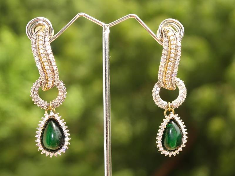 Cz earrings with emerald drop