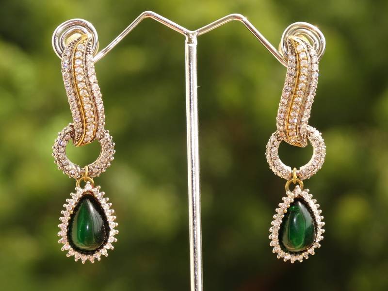 Cz earrings with emerald drop
