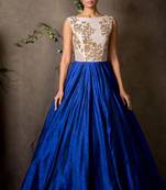 White And Blue Raw Silk,Round Net embroidered semi stitched party wear gown