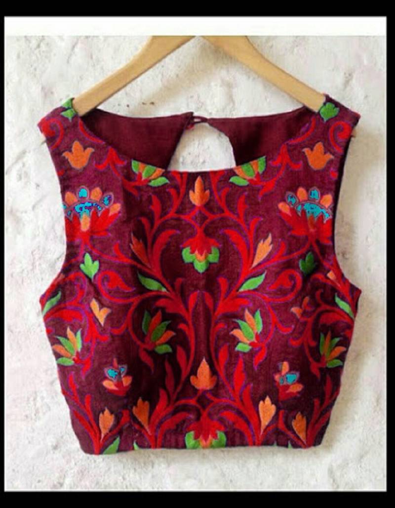Maroon raw silk embroidered blouse fabric 916568