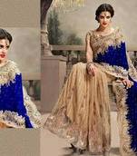 gold and royal blue embroidered net saree with blouse