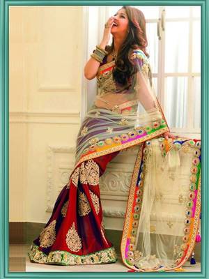 red and cream embroidered net saree with blouse 1