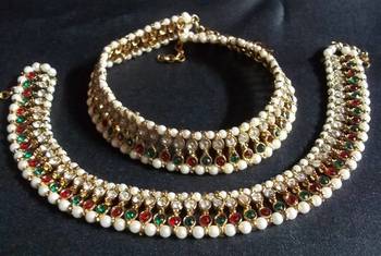 Golden pearl multi colored double anklet 1