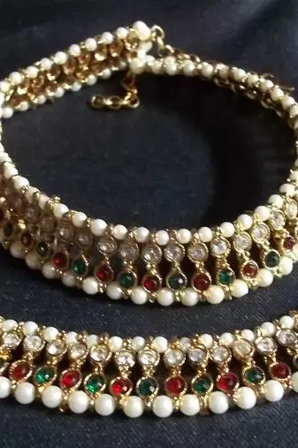 Golden pearl multi colored double anklet