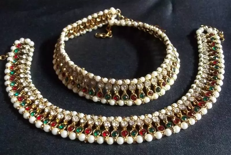 Golden pearl multi colored double anklet