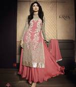 Beige and transparent embroidered georgette semistitched salwar with dupatta