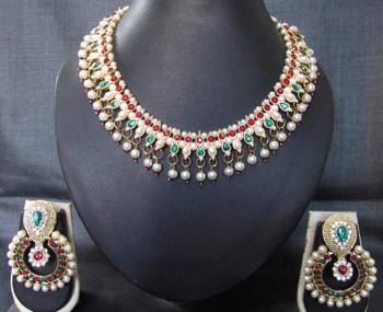 Maroon green pearl polki necklace set 1