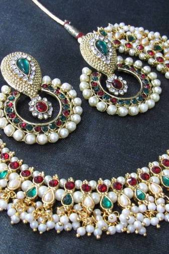Maroon Green pearl dulhan polki necklace set