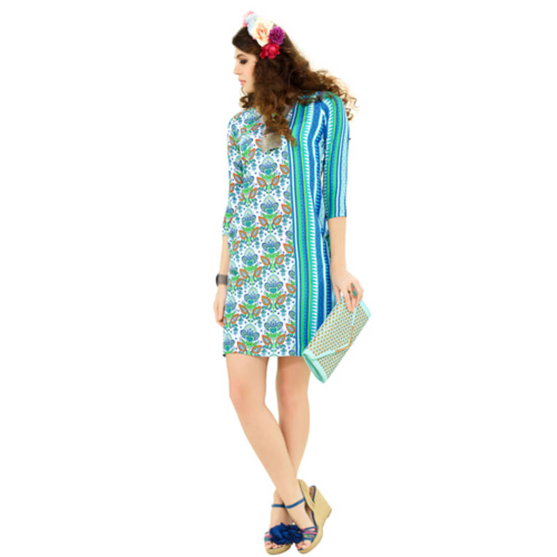 Sky blue and white printed cotton rayon kurti