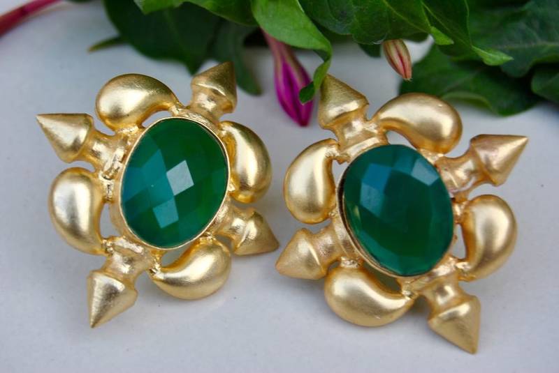 Green Onyx Gold Plated Big Stud Earrings Orne Jewels 926151