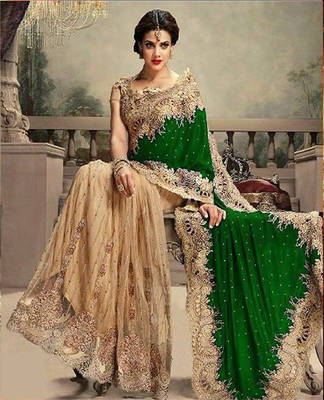 green embroidered net saree with blouse 1