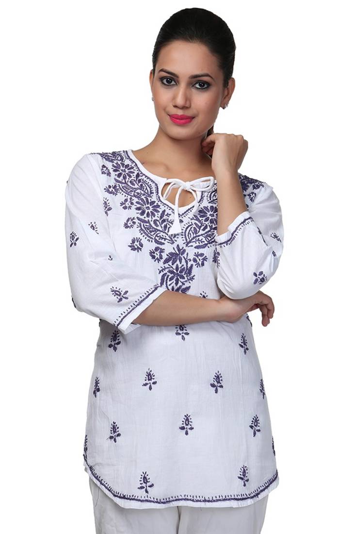 Ada Hand Embroided White Cotton Lucknowi Chikankari Short Kurti Ada 927428