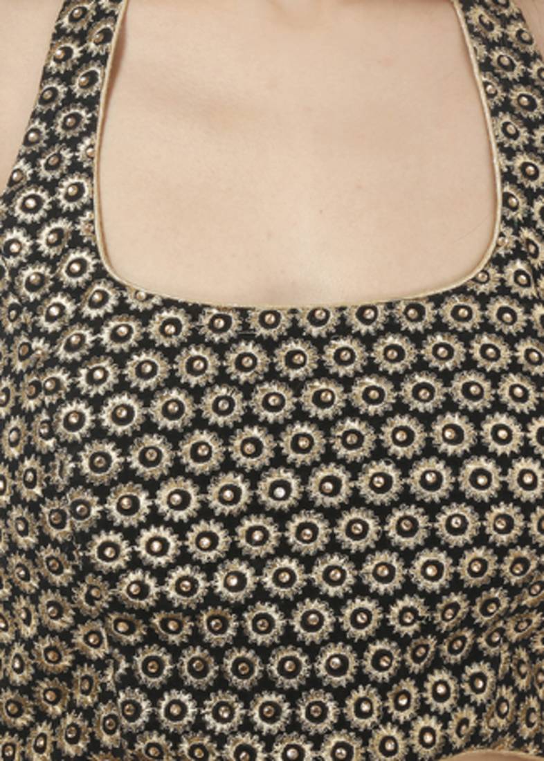 Black With Golden Velvet Embroidery  Padded Readymade Sleeveless Blouse