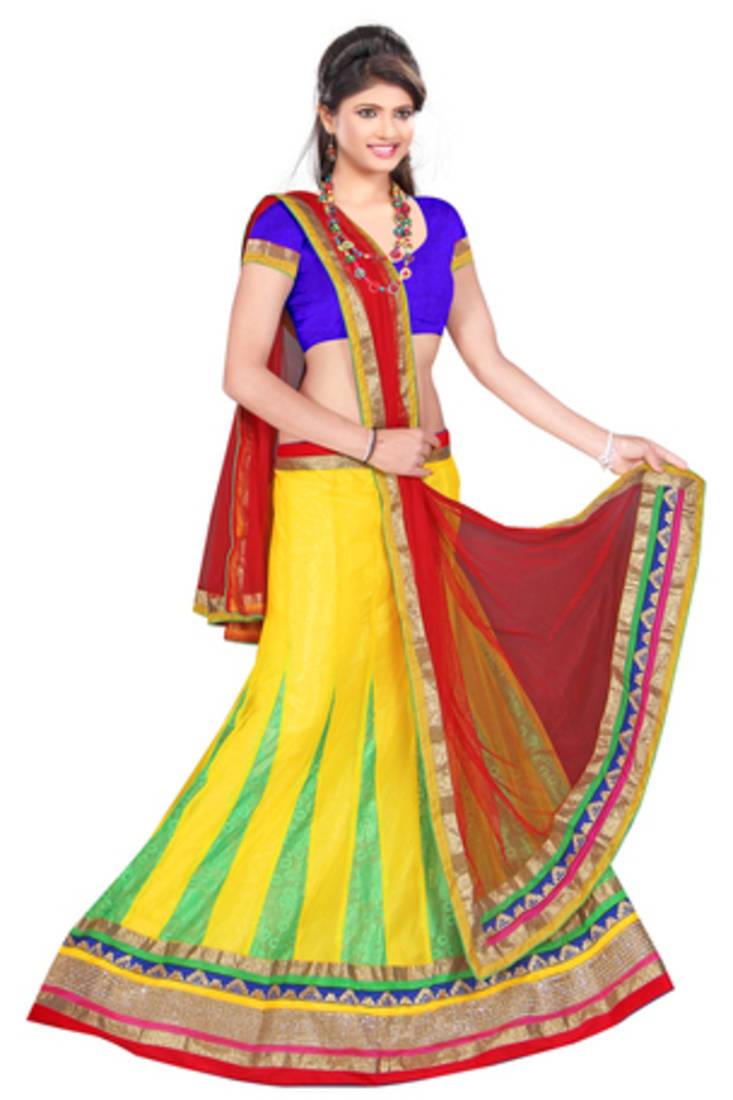 Yellow plain net unstitched lehenga-choli