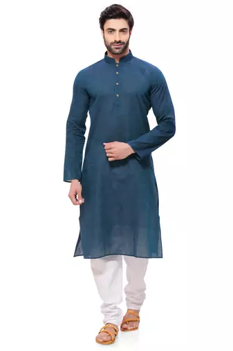 Men's Handloom Green Blue Kurta Pyjama