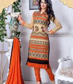 Beige  and  orange cotton embroidered unstitched salwar with dupatta