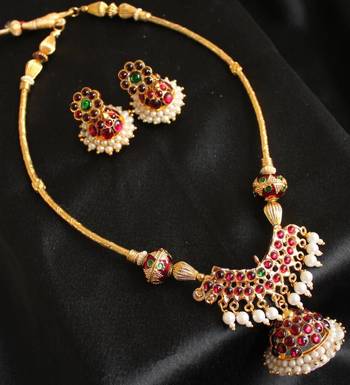 Gorgeous Unique Jhumkka Pendant Temple Jewel Set  1